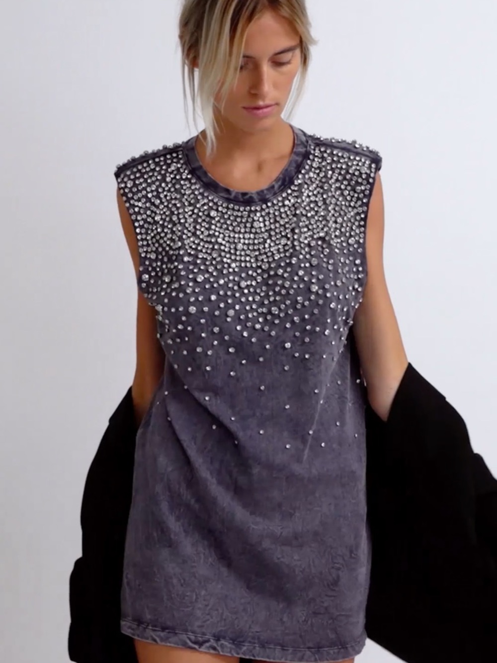 Free People Charcoal Embellished Sleeveless Shift Dress
